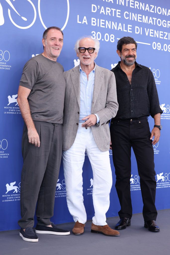 VENICE, ITALY - SEPTEMBER 02: Valerio Mastandrea, Toni Servillo and Pierfrancesco Favino attend a photocall for the "Adagio" at the 80th Venice International Film Festival on September 02, 2023 in Venice, Italy. (Photo by Stefania D'Alessandro/WireImage)