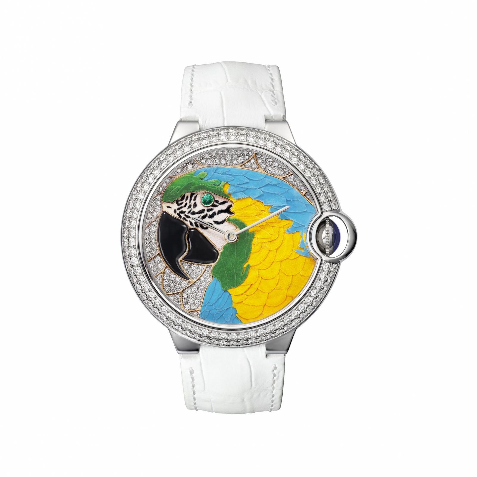 Montre Cartier d'Art watch with a parrot dial created using floral marquetry