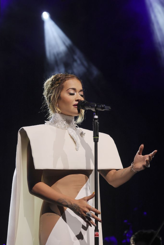 VENICE, ITALY - SEPTEMBER 03: Rita Ora performs on stage at the amfAR gala Venezia 2023 presented by Mastercard and Red Sea International Film Festival on September 03, 2023 in Venice, Italy. (Photo by Victor Boyko/amfAR/Getty Images for amfAR)
