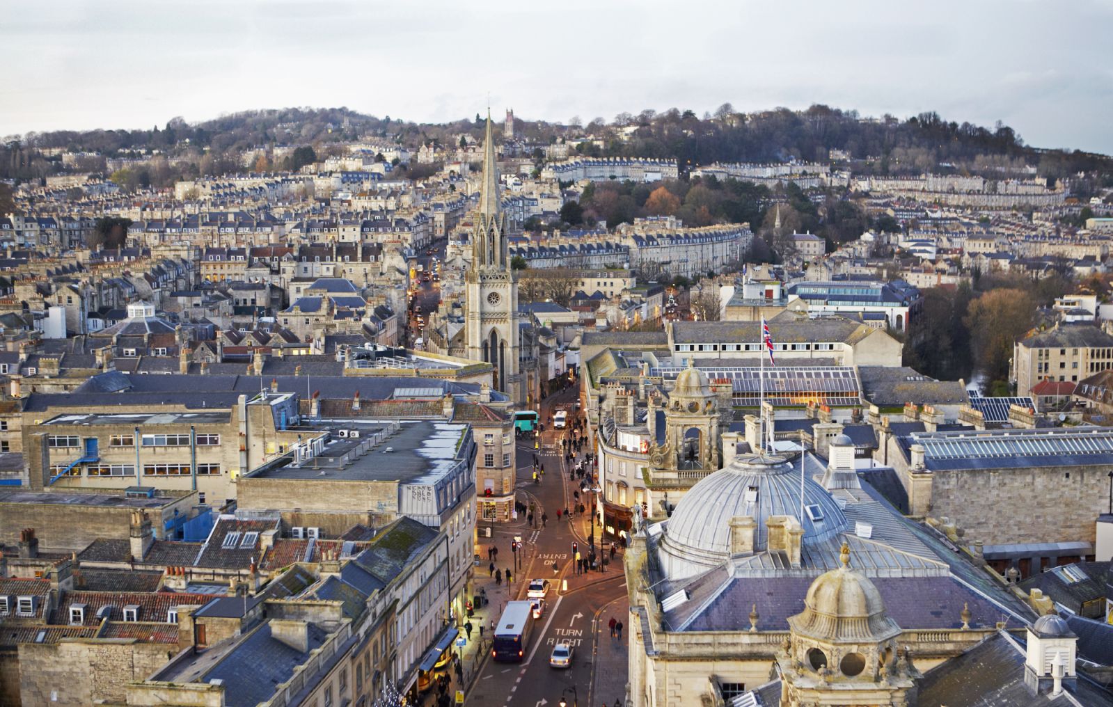 Ariel view of Northgate street and skyline of Bath from Bath Abbey at dusk