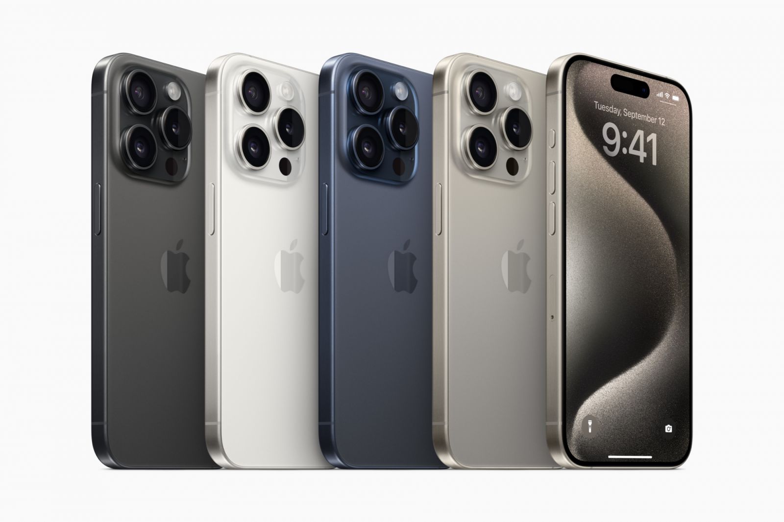 iPhone 15 Pro 和 iPhone 15 Pro Max 將提供黑色鈦金屬、白色鈦金屬、藍色鈦金屬和原色鈦金屬等四種全新絕美外觀。（Photo: Apple）