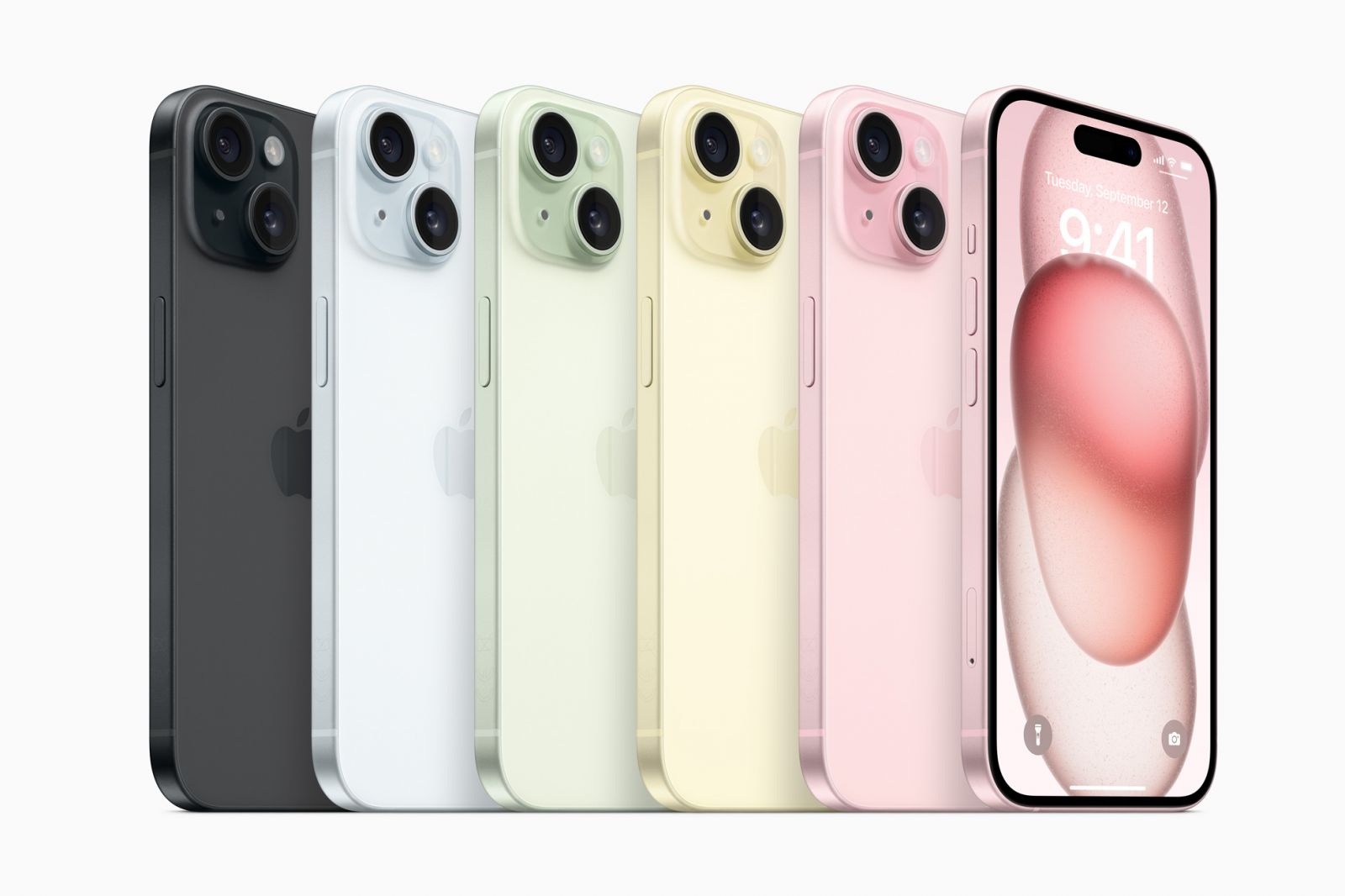 iPhone 15 和 iPhone 15 Plus 將提供五款令人驚豔的新顏色：黑色、藍色、綠色、黃色、粉紅色。（Photo: Apple）