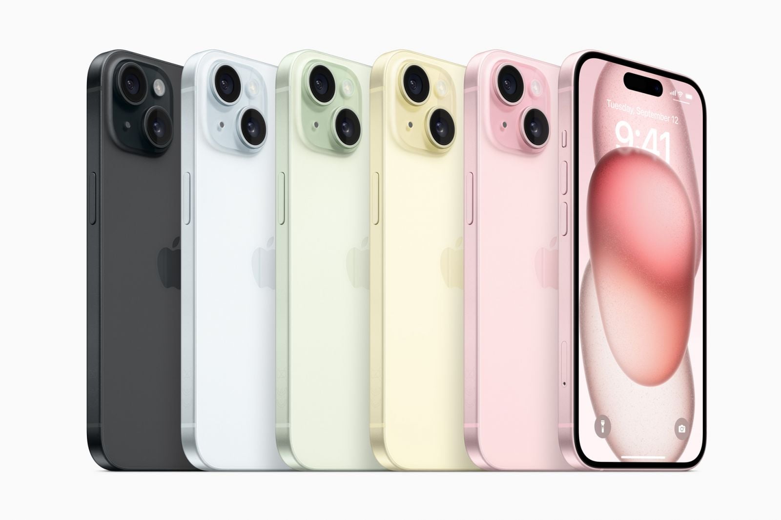 iPhone 15 和 iPhone 15 Plus 將提供五款令人驚豔的新顏色：黑色、藍色、綠色、黃色、粉紅色。（Photo: Apple）