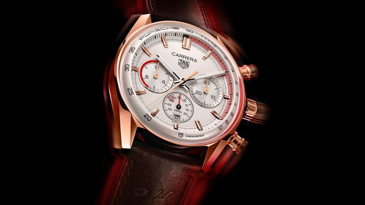 TAG Heuer Carrera Chronosprint x Porsche計時腕錶玫瑰金款。(Photo: TAG Heuer)