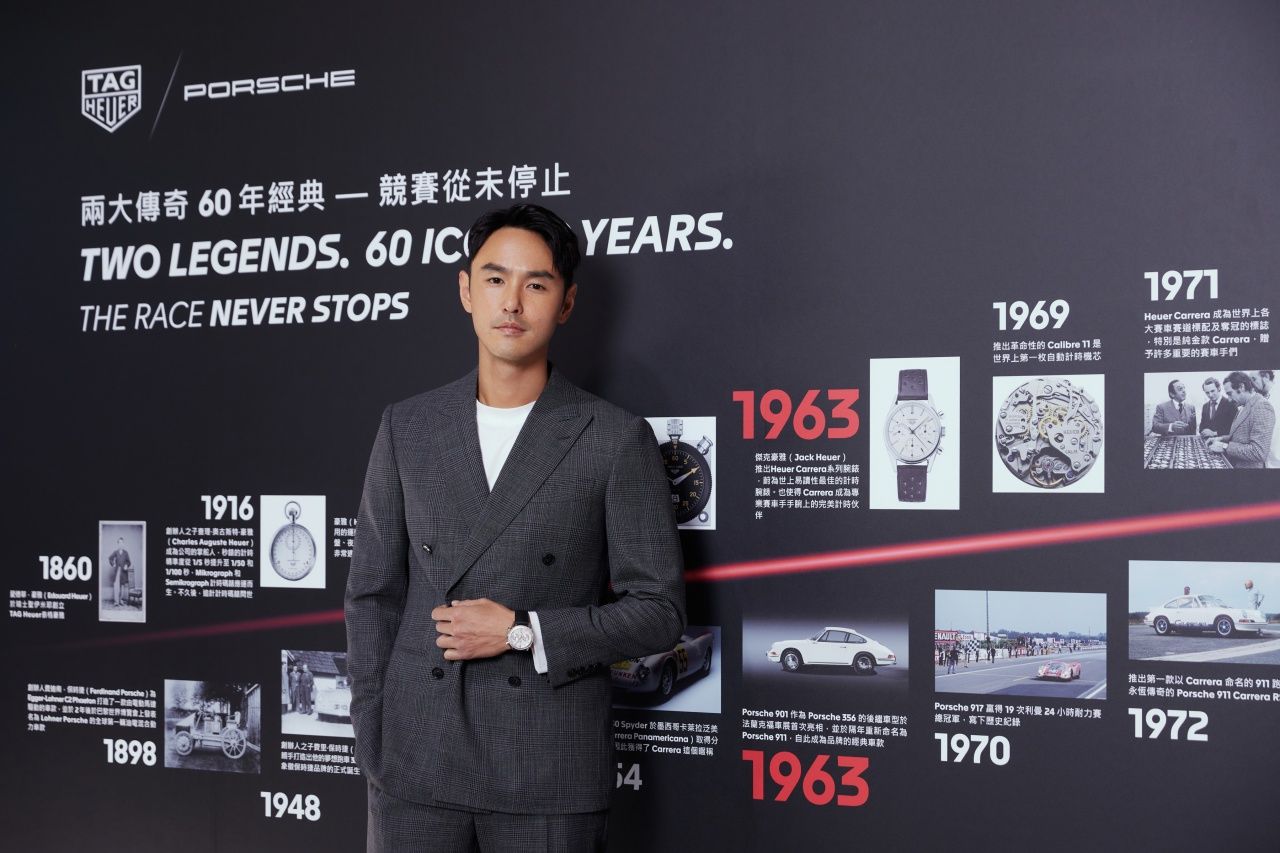 金馬影帝阮經天出席TAG Heuer Carrera Chronosprint x Porsche發表會,並佩戴新腕錶的精剛款。(Photo: TAG Heuer)