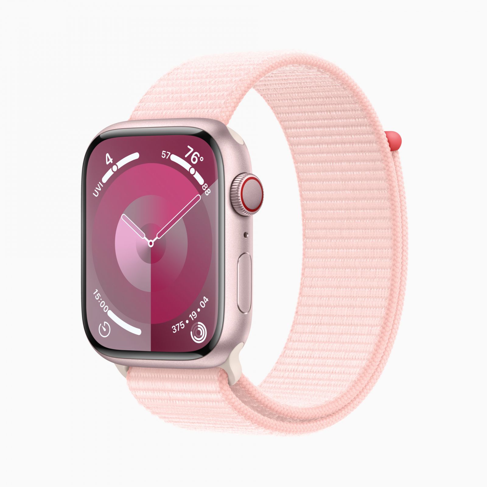 任何一款不鏽鋼的 Apple Watch Series 9 或 SE 搭配全新運動型錶環皆為碳中和。(如圖：粉紅色鋁金屬 Apple Watch Series 9 搭配粉紅色運動型錶環。)（Photo: Apple）