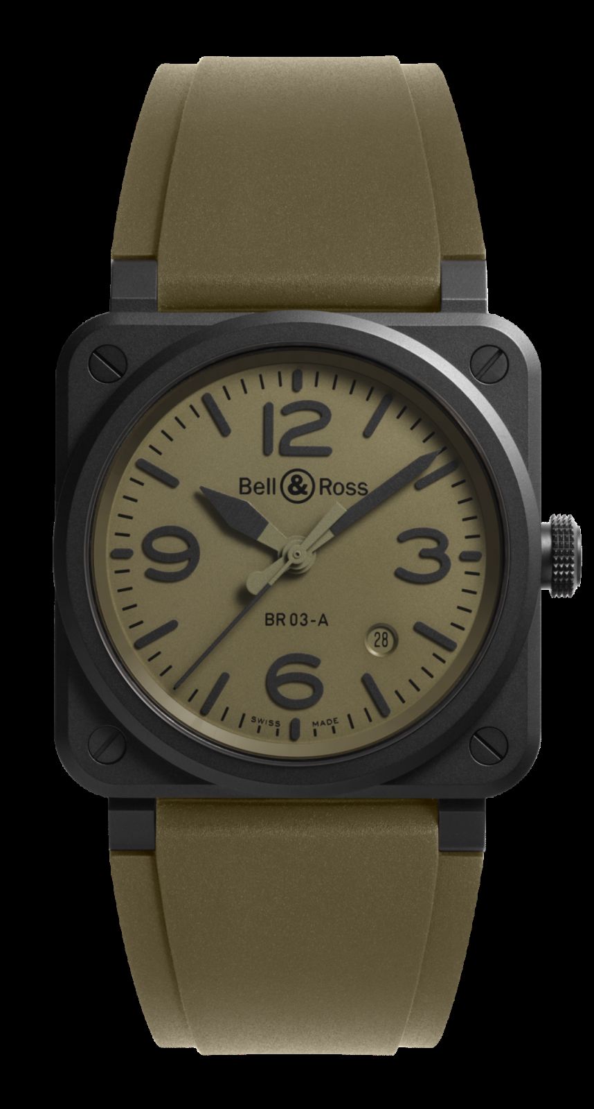 BR 03 Military Ceramic款,啞黑色陶瓷錶殼搭配軍綠色錶盤,建議售價NT142,000。(Photo: Bell & Ross)
