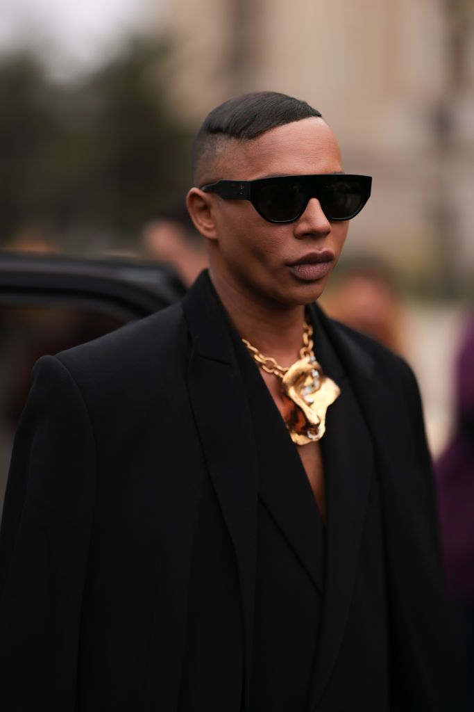 PARIS, FRANCE - JANUARY 23: Olivier Rousteing seen wearing a full black look, a black blazer and a black suit, golden statement necklace and black sunglasses, outside Schiaparelli show, the Paris Fashion Week - Haute Couture Spring Summer 2023 on January 23, 2023 in Paris, France. (Photo by Jeremy Moeller/Getty Images)