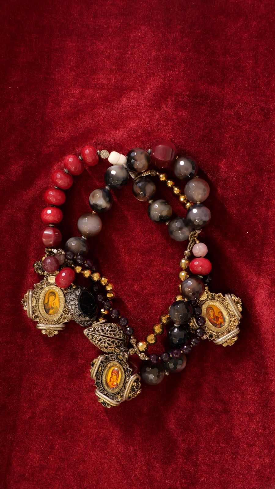 A one-of-a-kind byzantine neckpiece in different tones of chalcedony and antique hardware.