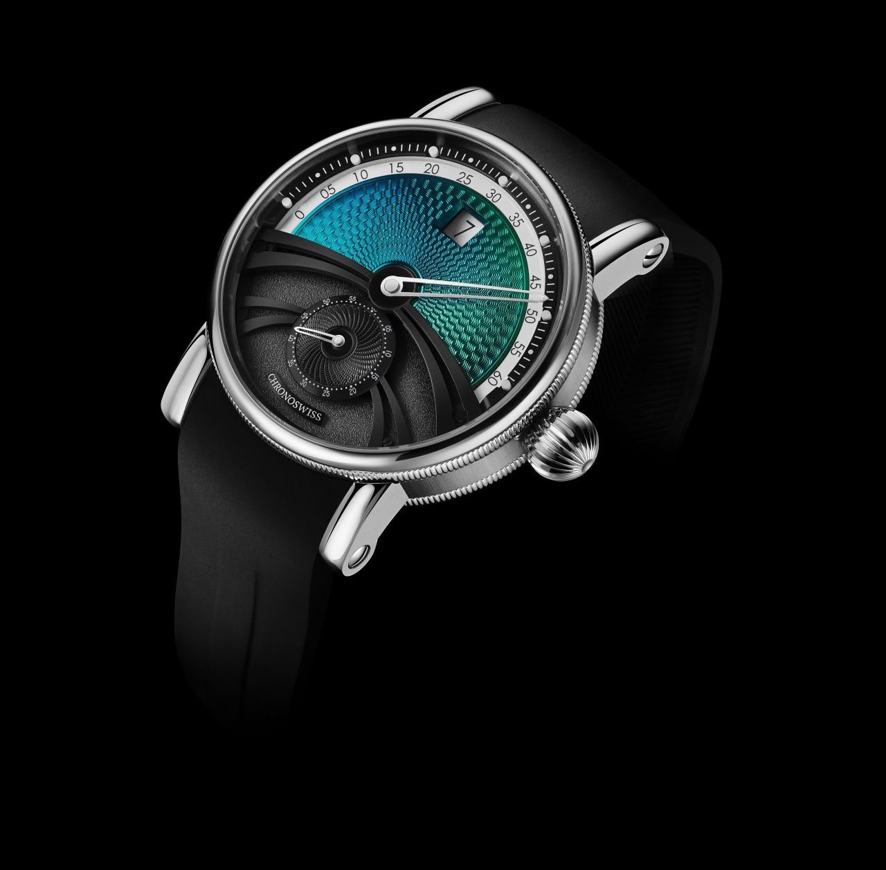 Chronoswiss Delphis Paraiba，以CVD鍍層搭配機刻雕花的紋理巧妙地捕捉了帕拉伊巴碧璽的神韻。（Photo: Chronoswiss）