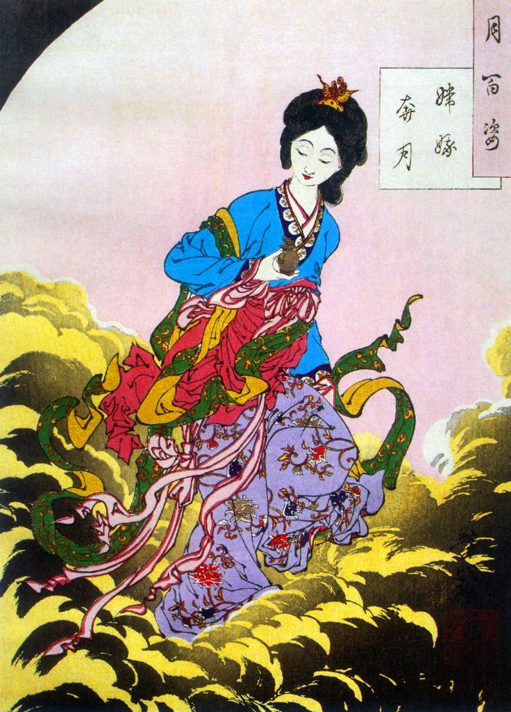 Japan: 'Chang'e flees to the moon', woodblock painting by Tsukioka Yoshitoshi (1839-1892), 1885. (Photo by: Pictures from History/Universal Images Group via Getty Images)