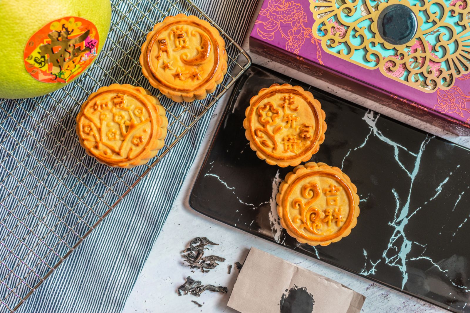 Four home made baked Mooncakes for mid-autumn festival celebrated by Chinese all over the world