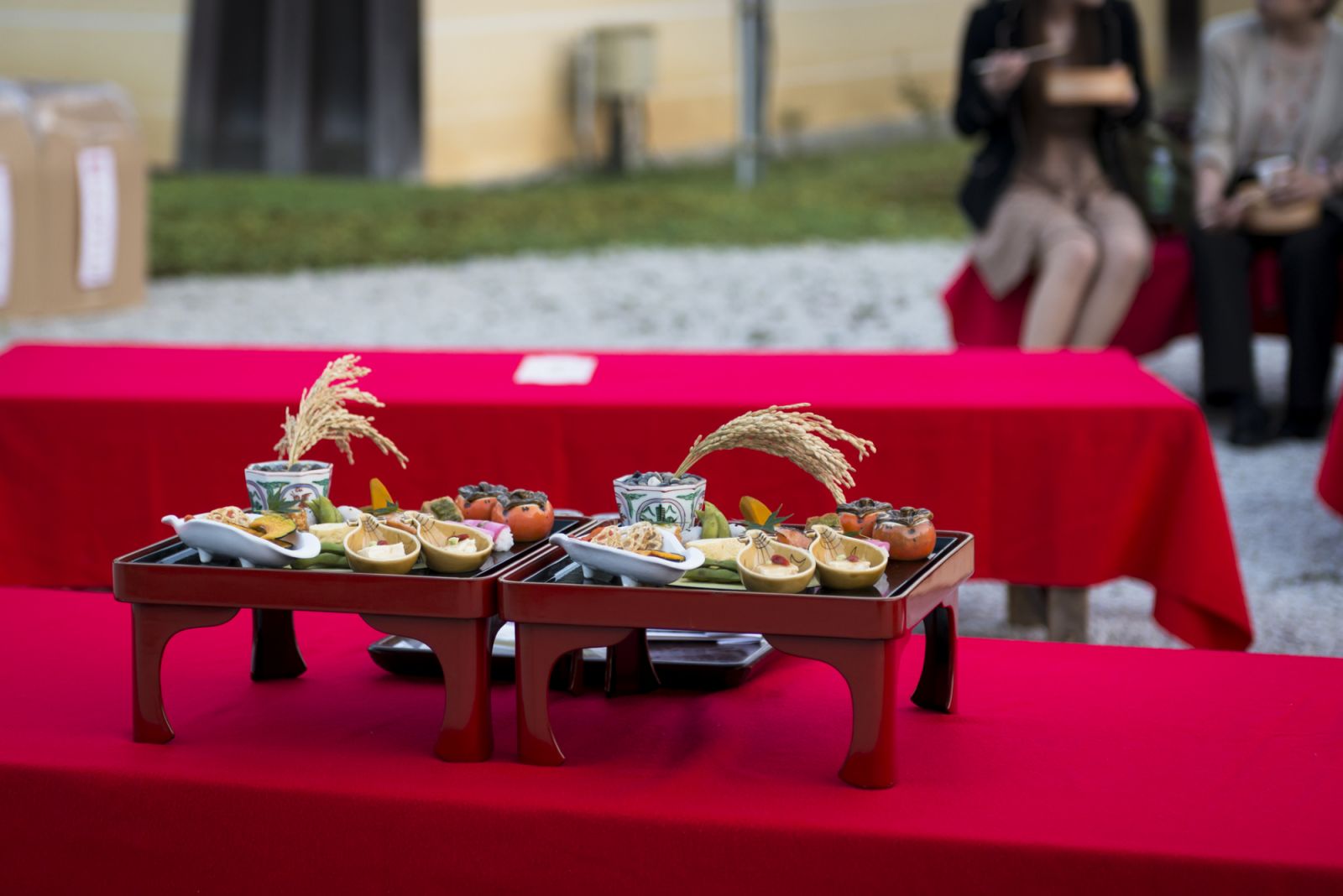 A set of Japanese food and susuki grass served on lacquered tray for moon viewing or Tsukimi festival, Kyoto Japan