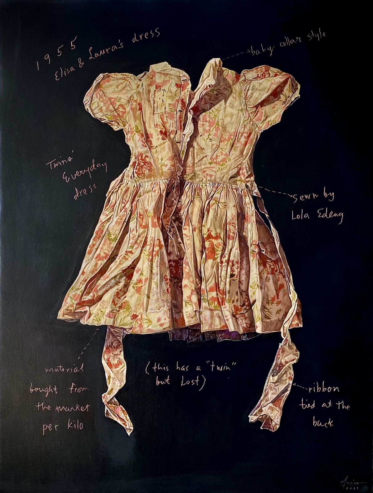 Marina Cruz "Elisa & Laura's Dress", oil and embroidery on canvas, 2023