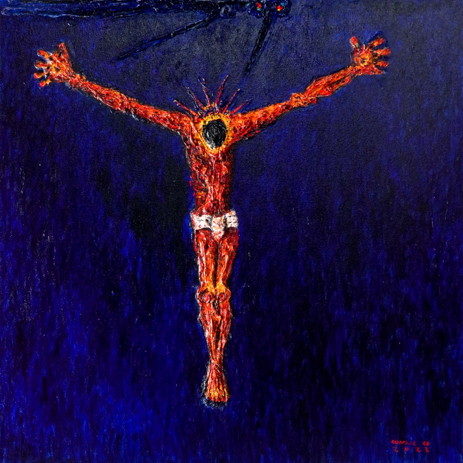 Charlie Lo "Contemplation", acrylic on modelling paste on canvas, 2023
