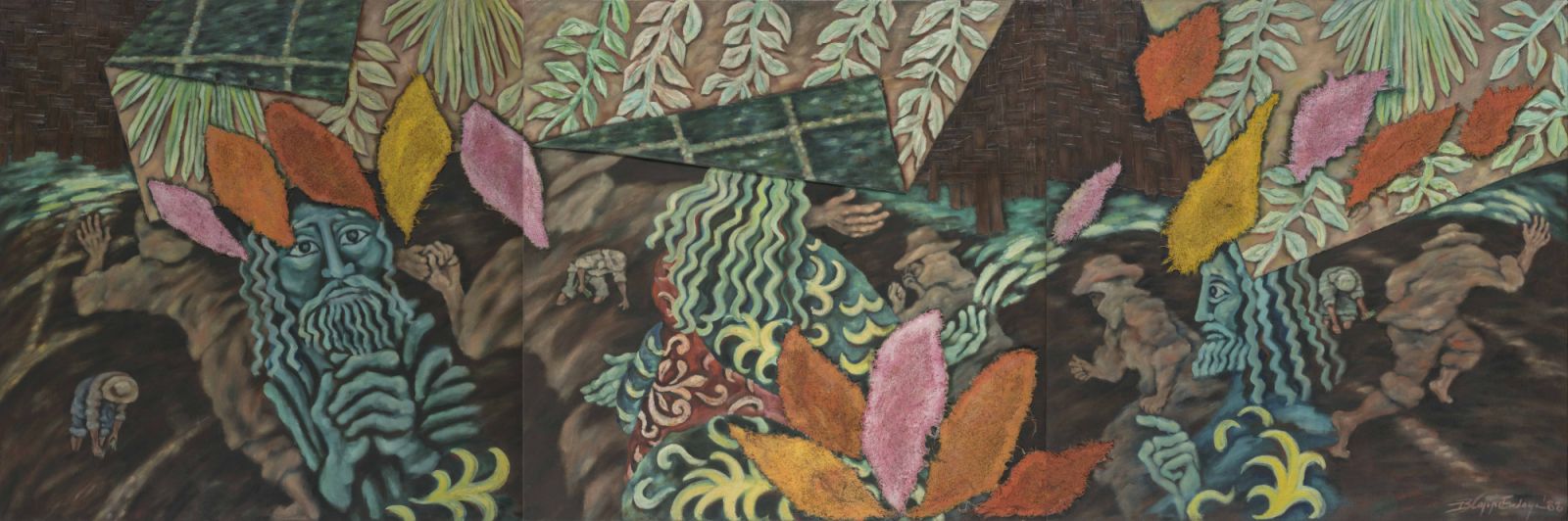 Imelda Cajipe-Endaya "Bagong Nobena Kay Isidro Labrador", oil, collage and sawali on canvas, 1988