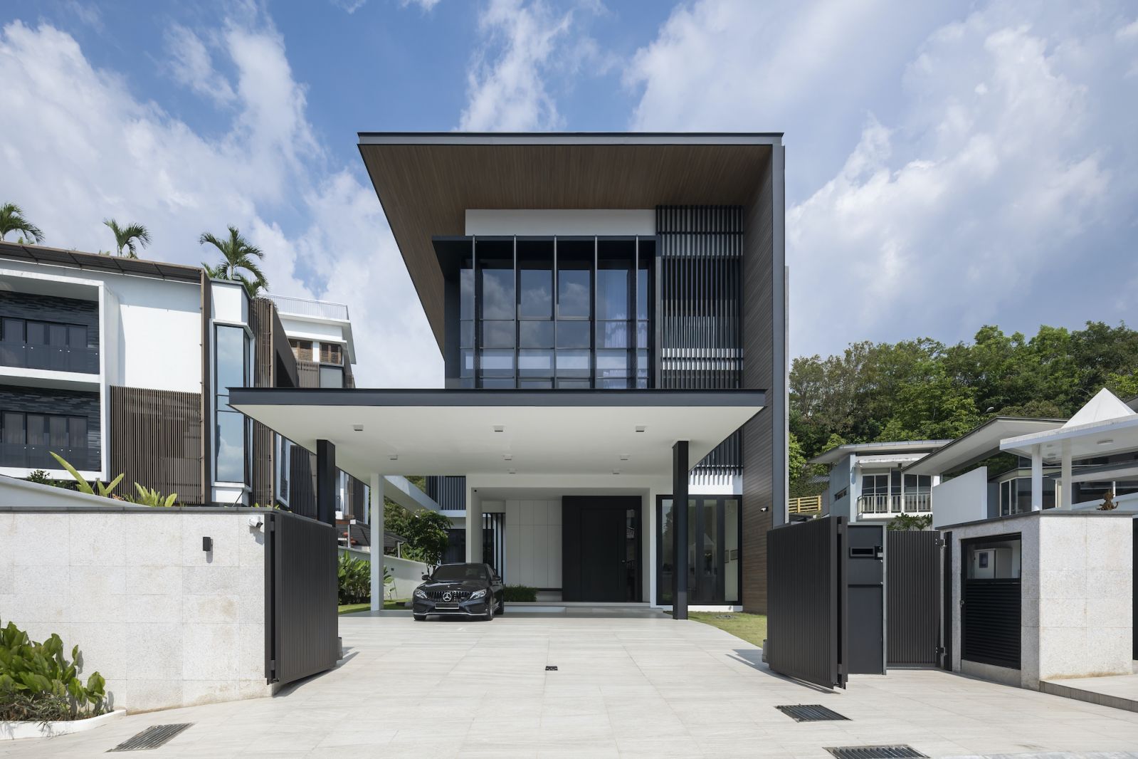 The facade showcases precise lines