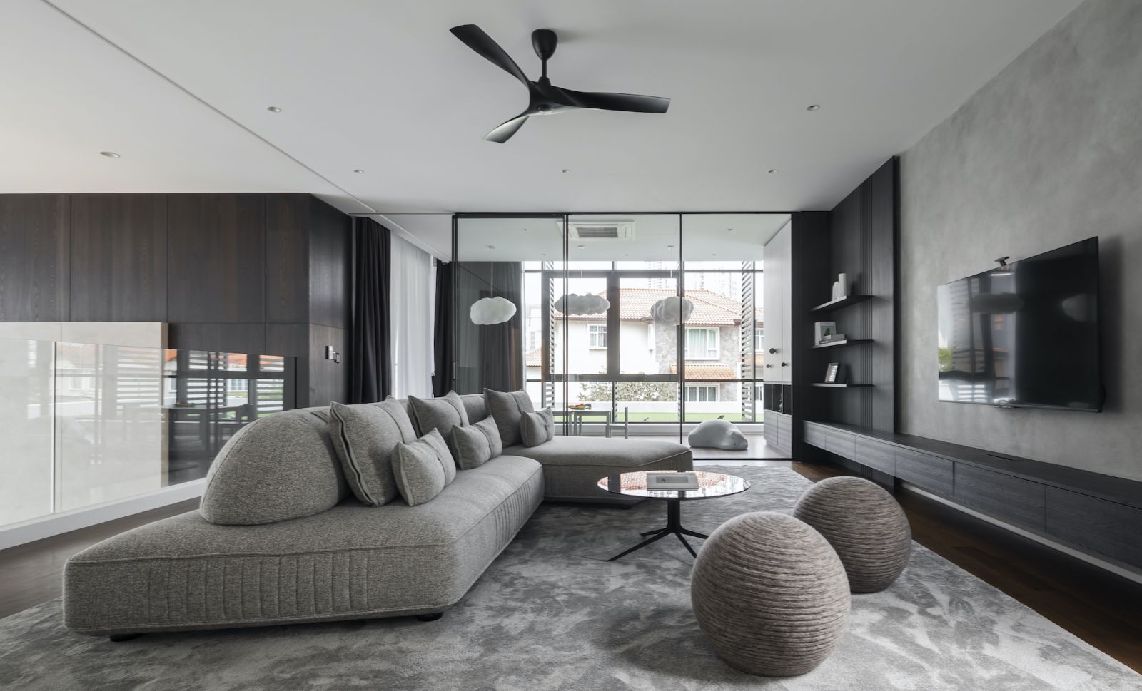 The tonal family room is rich with textures