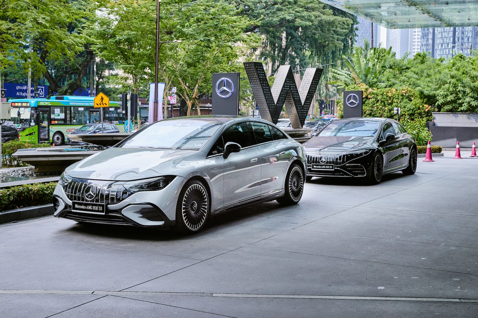 Mercedes-Benz AMG EQ cars parked at the entrance of W Kuala Lumpur