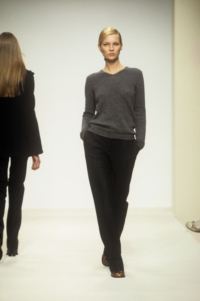 Outtake; Model on the runway of the Prada Ready-To-Wear fall 1996 collection on March 7, 1996 in Milan, Italy...Article title: "Gray Matter" (Photo by Giovanni Giannoni/WWD/Penske Media via Getty Images)