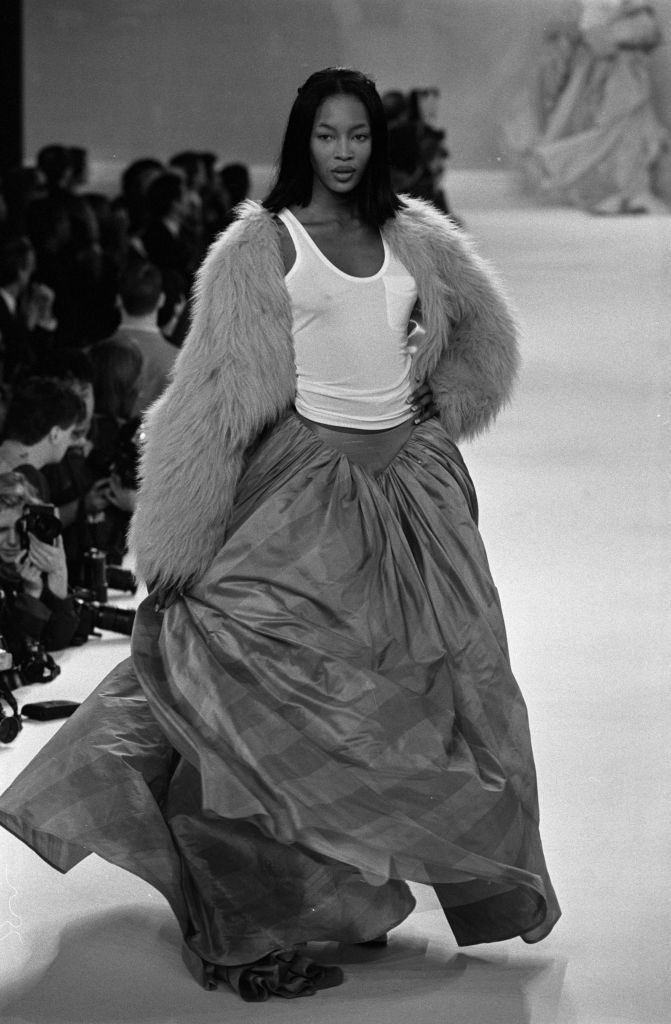 Outtake; Model on the runway of the Isaac Mizrahi fall 1994 Ready-To-Wear collection, later featured in the 1995 Douglas Keeve directed documentary "Unzipped", on April 13, 1994 in New York...Article title: "Isaac's Bright Lights" (Photo by John Aquino/WWD/Penske Media via Getty Images)