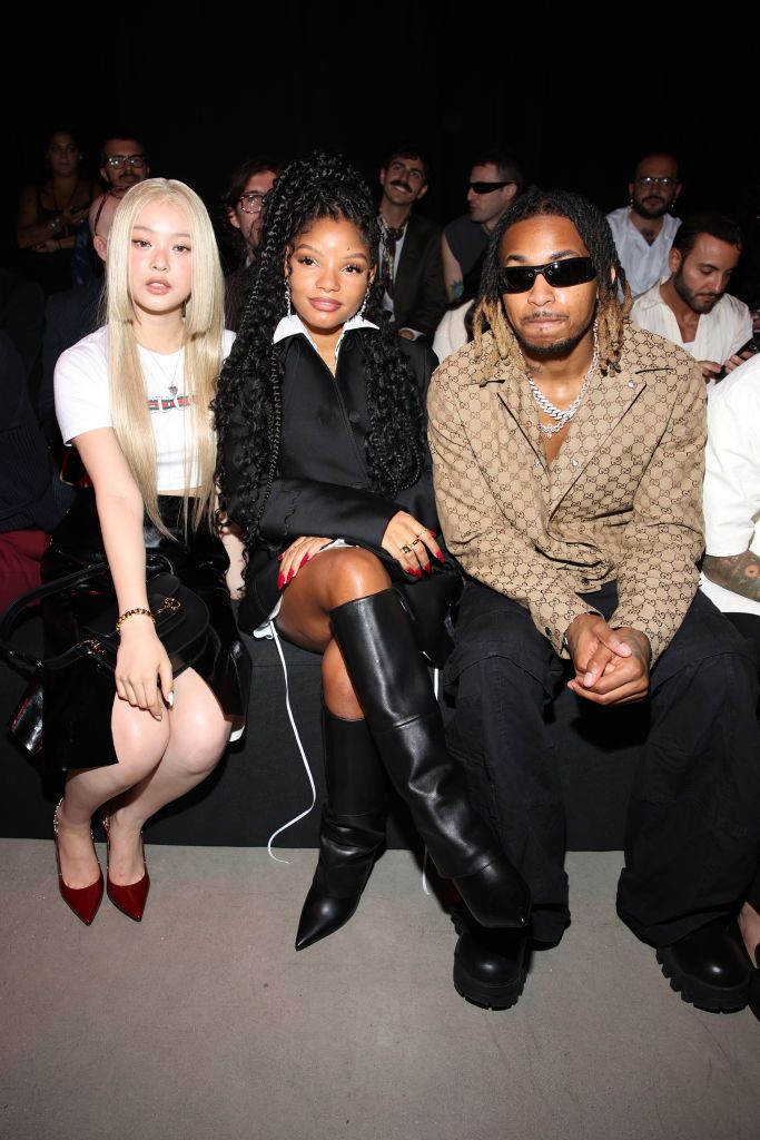 MILAN, ITALY - SEPTEMBER 22: (L-R) Hanni, Halle Bailey and DDG are seen at Gucci Ancora during Milan Fashion Week on September 22, 2023 in Milan, Italy. (Photo by Daniele Venturelli/Getty Images for Gucci)
