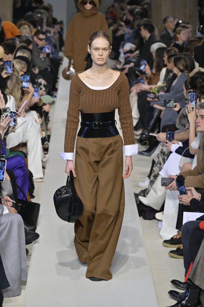 Model on the runway at Max Mara Fall 2023 Ready To Wear Fashion Show on February 23, 2023 at the Rotanda Della Bescana in Milan, Italy. (Photo by Giovanni Giannoni/WWD via Getty Images)