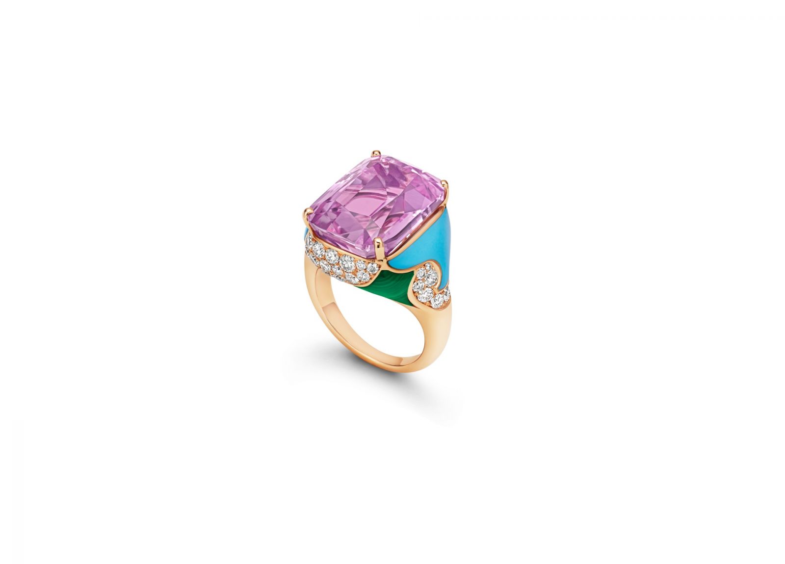 頂級綠松石、孔雀石、紫鋰輝石與鑽石戒指。(Photo: Bulgari)