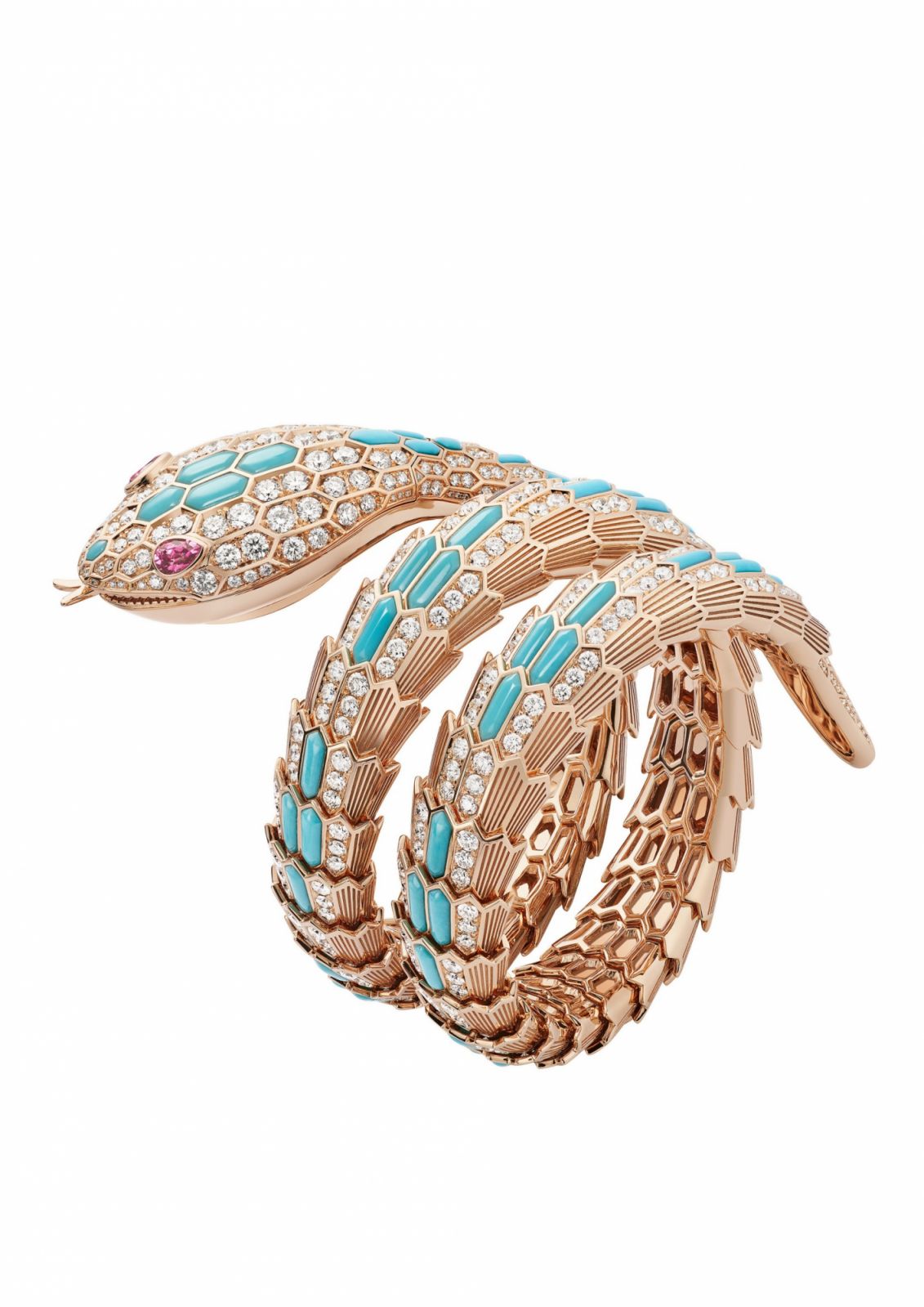 Serpenti Misteriosi神秘腕錶,鑲嵌綠松石與鑽石。(Photo: Bulgari)