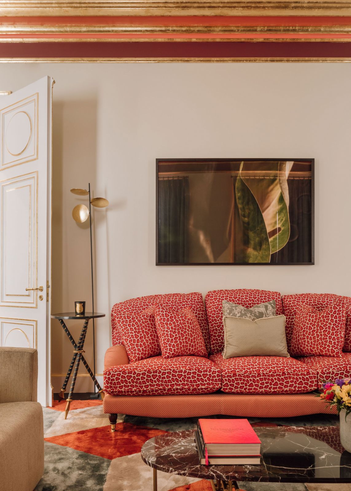 leopard print couch and doorway