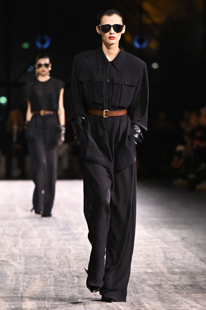 PARIS, FRANCE - SEPTEMBER 26: (EDITORIAL USE ONLY - For Non-Editorial use please seek approval from Fashion House) A model walks the runway during the Saint Laurent Womenswear Spring/Summer 2024 show as part of Paris Fashion Week on September 26, 2023 in Paris, France. (Photo by Stephane Cardinale - Corbis/Corbis via Getty Images)