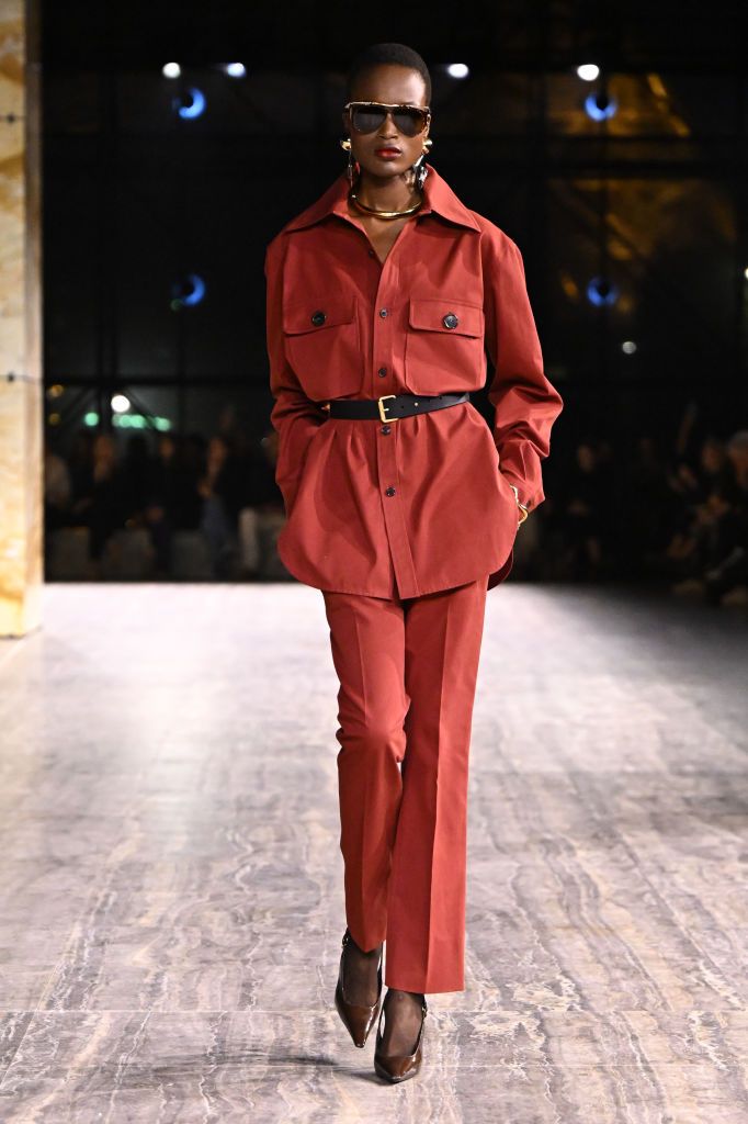 PARIS, FRANCE - SEPTEMBER 26: (EDITORIAL USE ONLY - For Non-Editorial use please seek approval from Fashion House) A model walks the runway during the Saint Laurent Womenswear Spring/Summer 2024 show as part of Paris Fashion Week on September 26, 2023 in Paris, France. (Photo by Stephane Cardinale - Corbis/Corbis via Getty Images)