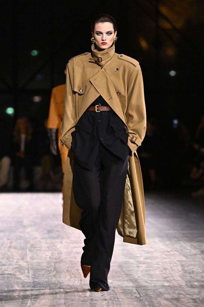 PARIS, FRANCE - SEPTEMBER 26: (EDITORIAL USE ONLY - For Non-Editorial use please seek approval from Fashion House) A model walks the runway during the Saint Laurent Womenswear Spring/Summer 2024 show as part of Paris Fashion Week on September 26, 2023 in Paris, France. (Photo by Stephane Cardinale - Corbis/Corbis via Getty Images)