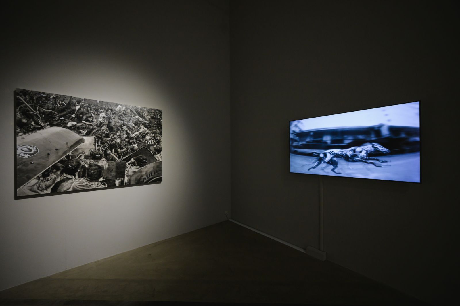 Victor Balanon (L) 'Congress of Crows', acrylic, charcoal, correction fluid and ink on canvas, 2023; (R) 'Askalathon', Single-channel video animation, HD, no sound. Duration:4 minutes, 2014/2023