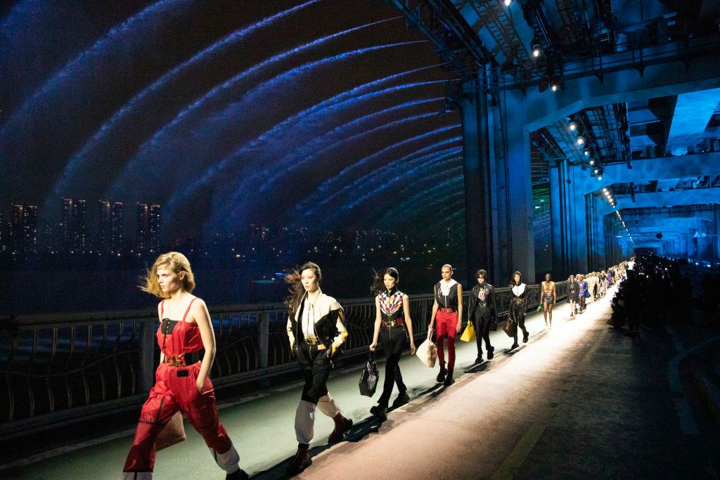 Model on the runway at Louis Vuitton Pre-Fall 2023 Ready To Wear Fashion Show on the Jamsugyo Bridge on April 29, 2023 in Seoul, Korea. (Photo by Giovanni Giannoni/WWD via Getty Images)