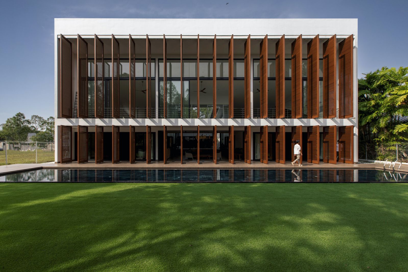 The large shutters are a defining architectural feature