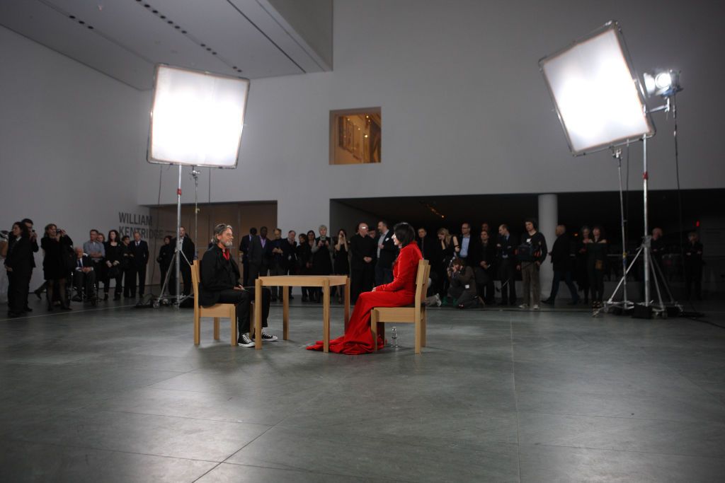 \Marina Abramovic (R) performs during the "Marina Abramovic: The Artist is Present" exhibition opening night party at The Museum of Modern Art on March 9, 2010 in New York City. (Photo by Bennett Raglin/WireImage)