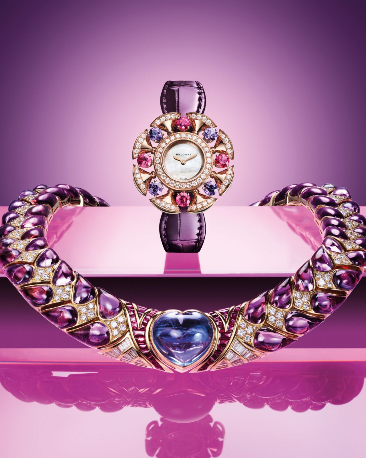 Divas' Dream珠寶腕錶，紫水晶搭配碧璽款式。（Photo: Bulgari）