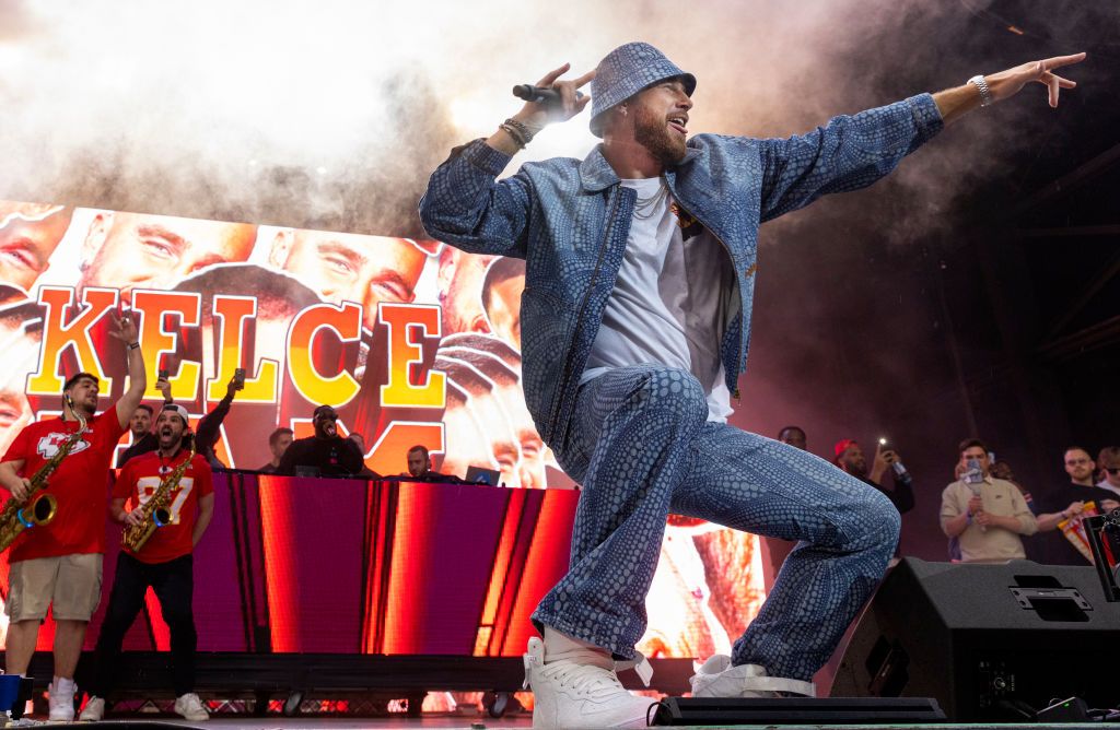 BONNER SPRINGS, KANSAS - APRIL 28: Travis Kelce during the Kelce Jam at Azura Amphitheatre on April 28, 2023 in Bonner Springs, Kansas. (Photo by Barry Brecheisen/Getty Images)