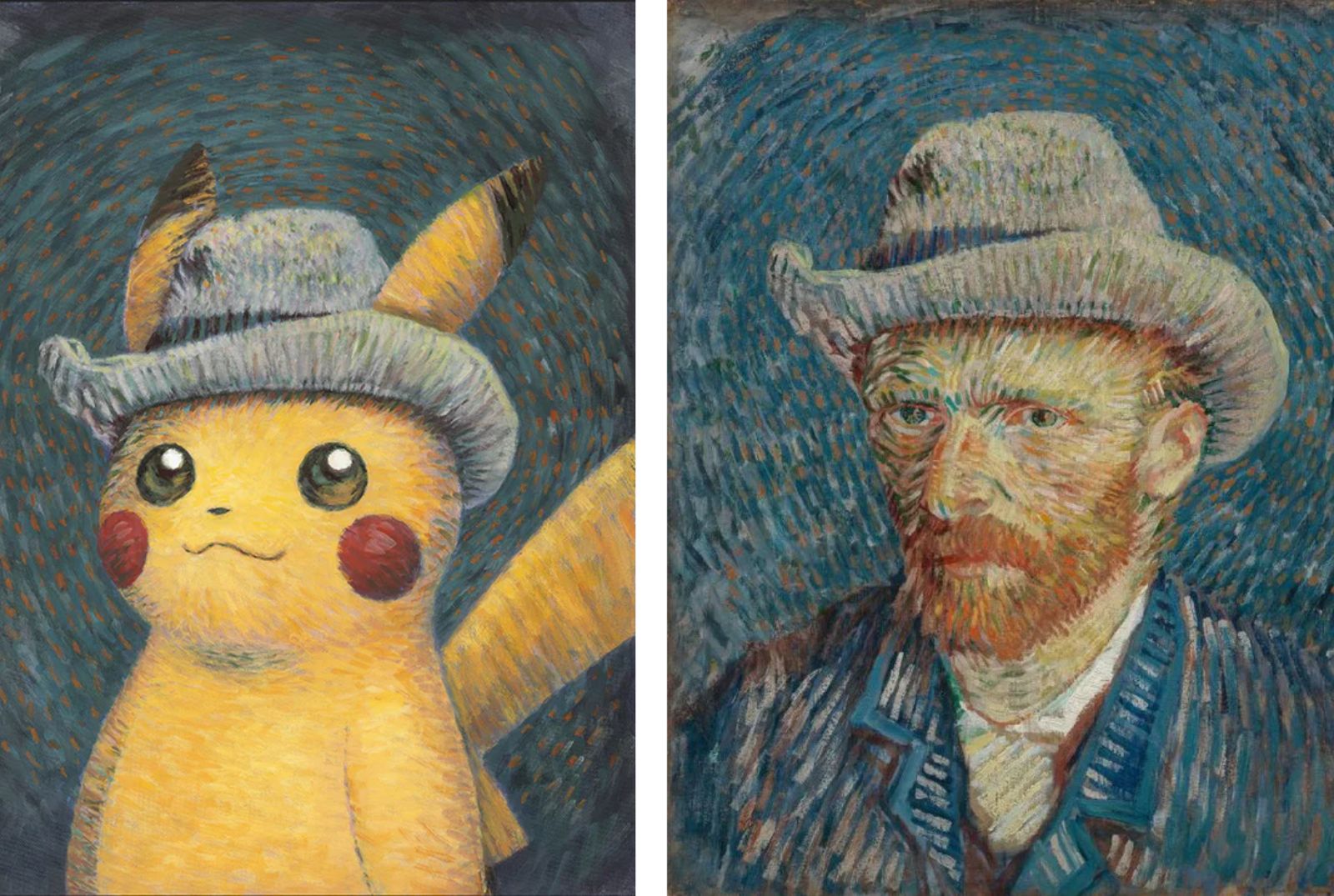 Left: Pikachu inspired by ‘Self-Portrait with Grey Felt Hat’, Naoyo Kimura (1960), The Pokémon Company International, ©2023 Pokémon / Nintendo / Creatures / GAME FREAK. Right: Vincent van Gogh, ‘Self-Portrait with Grey Felt Hat’, 1887, Van Gogh Museum Amsterdam (Vincent van Gogh Foundation).