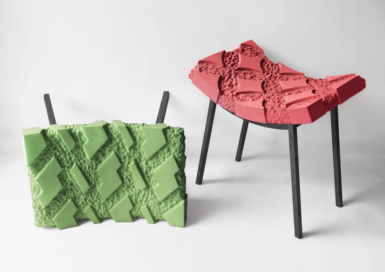 The Eum Stool is made from engraving patterns into upholstery foam to create a texture resembling stone. The patterns are reinterpretations of traditional Indonesian patterns, such as Kawung and Parang (Photo: Denny Priyatna)