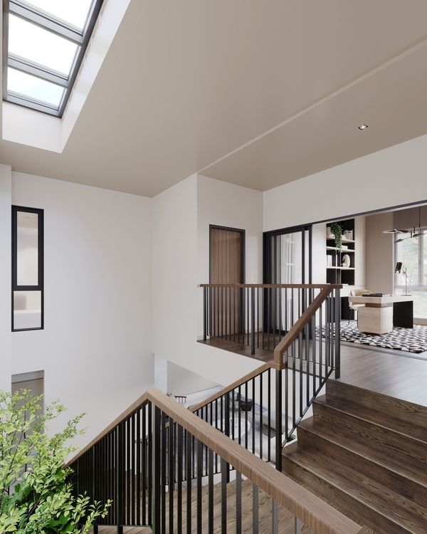 Top-floor home office and stairwell