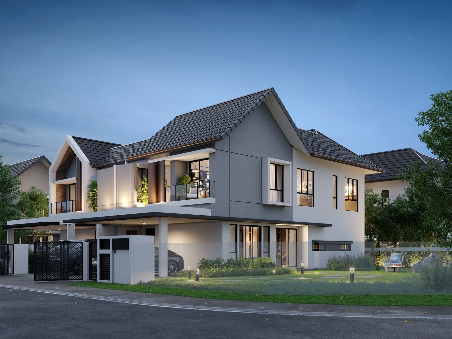 Front facade of corner house at night