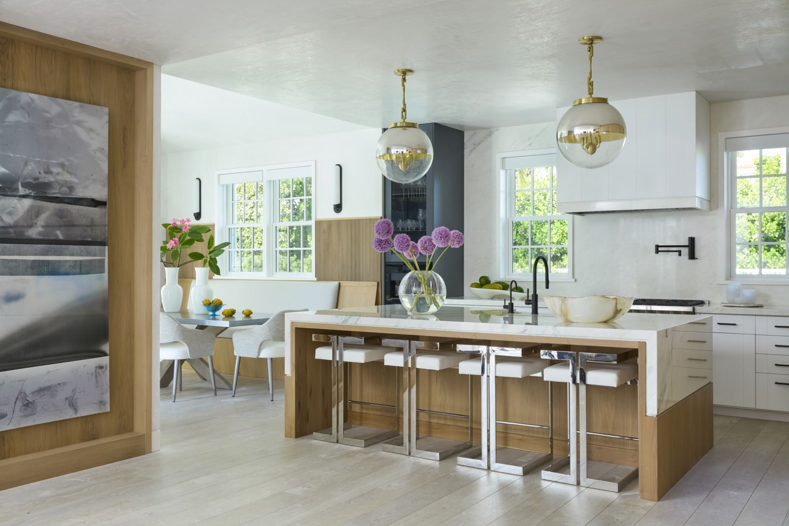 Many of the kitchen materials are locally sourced, providing pops of colour and character to this wide space