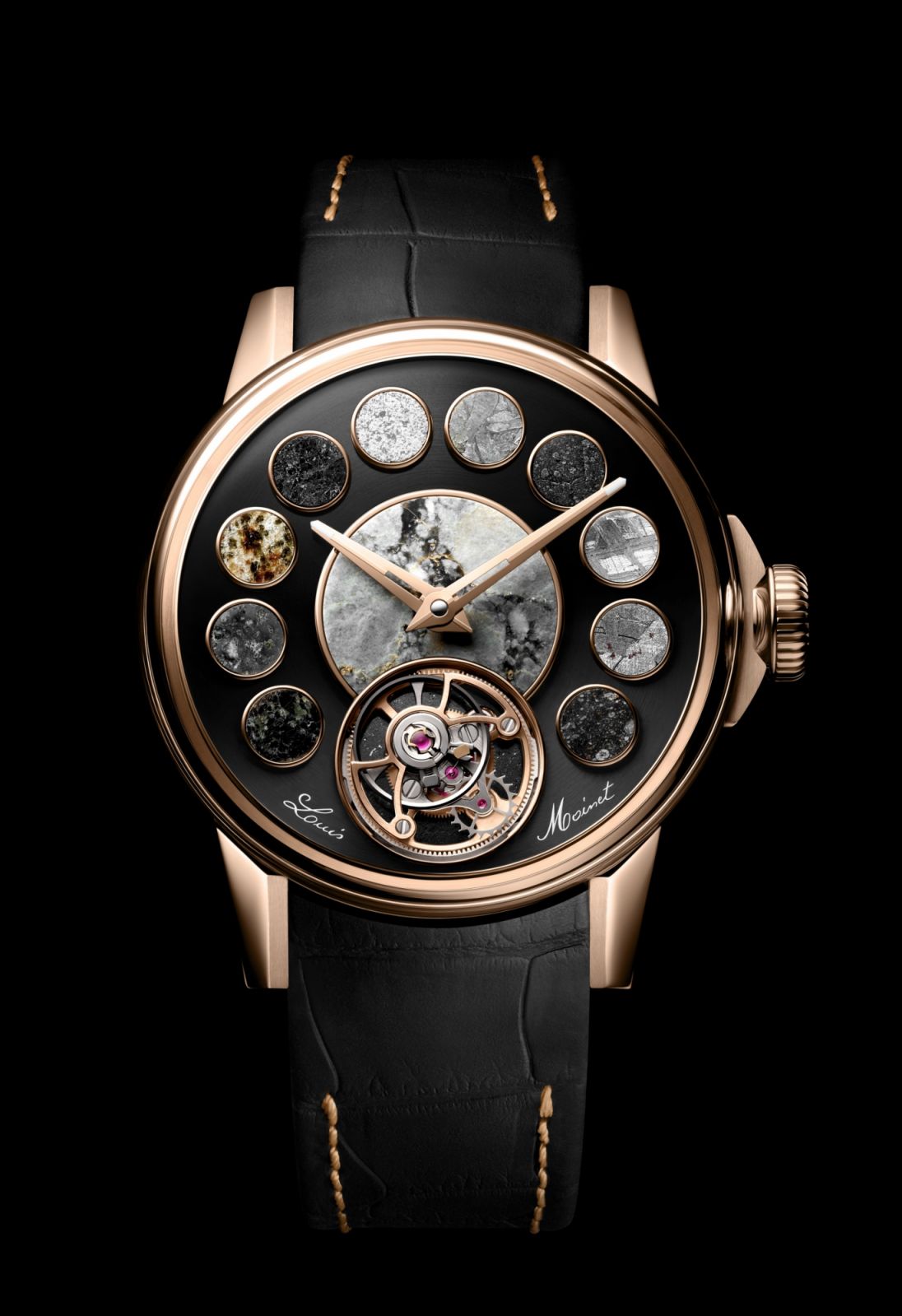Louis Moinet Cosmopolis腕錶以12片不同的隕石鑲嵌面盤,創下世界紀錄。(Photo: Louis Moinet)