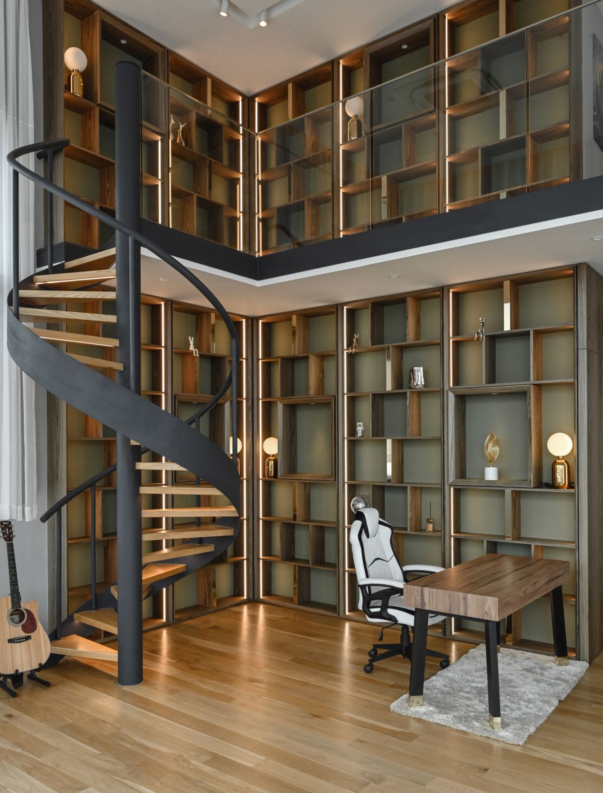 The double-volume library with intricate detailing,