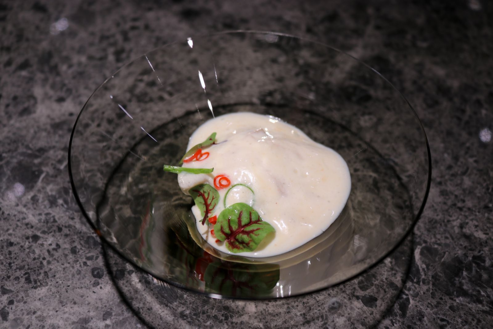 Poached chicken with peanut tofu espuma (Photo: Amanda Fung)