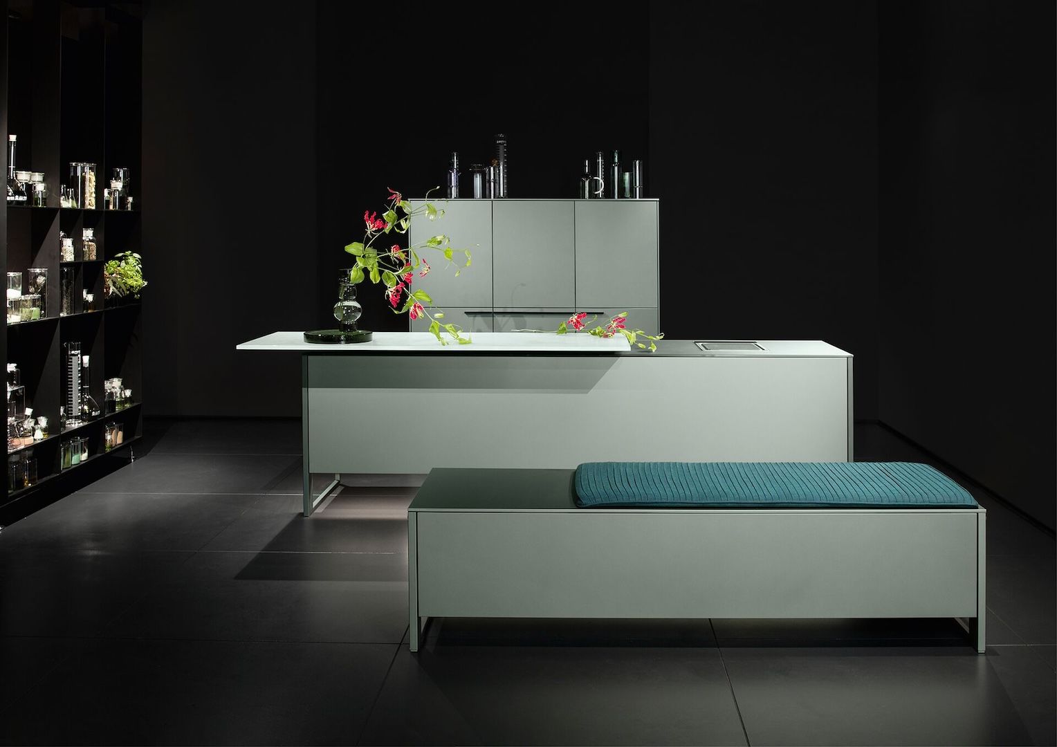 The cabinetry is built to as if it is floating