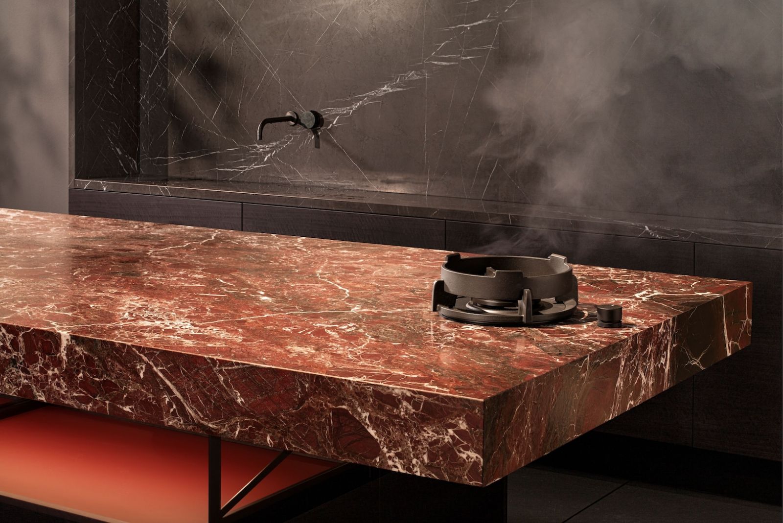 Rosso Lepanto marble worktop is breathtaking in its dimensions, striking in its appearance