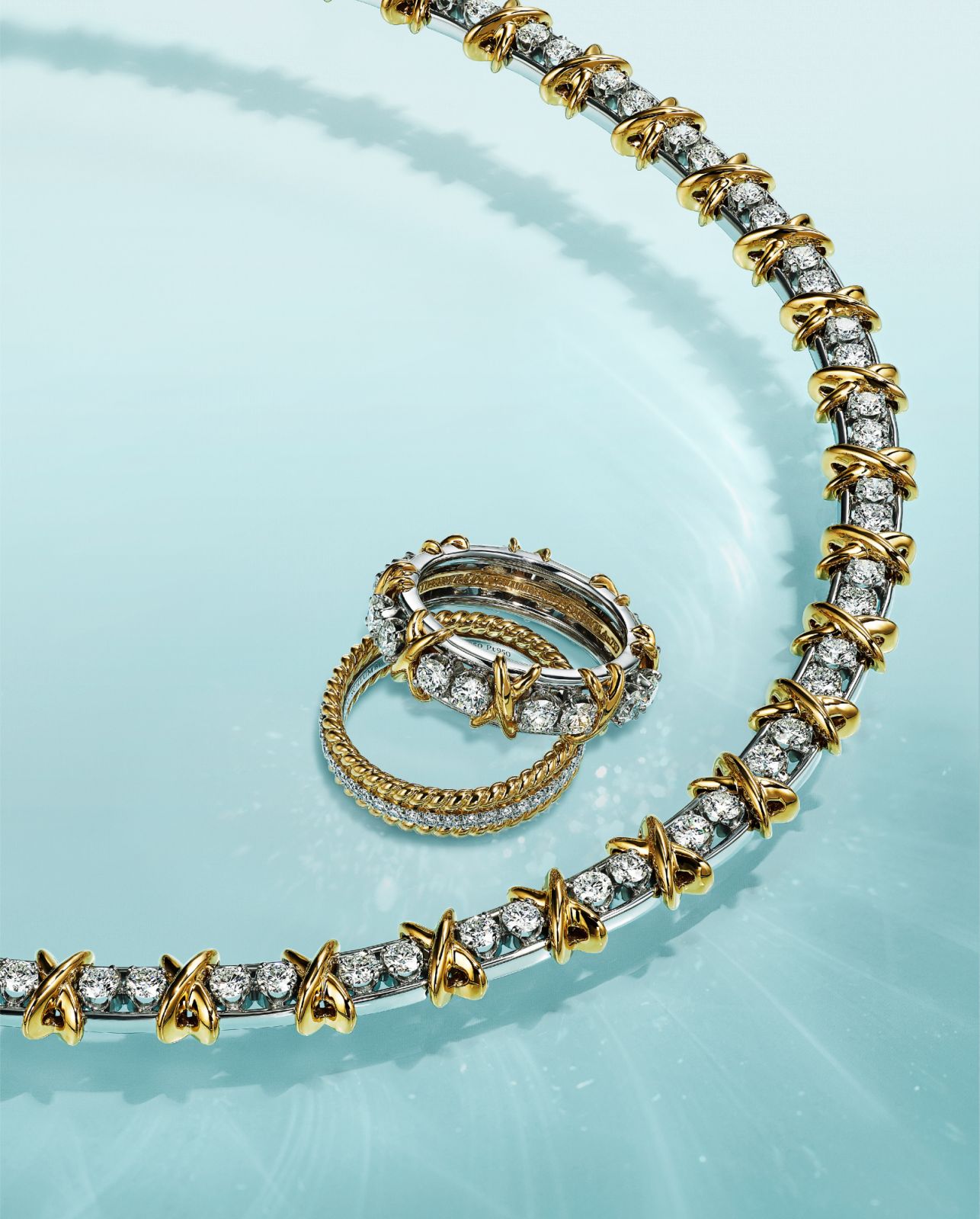 Tiffany & Co. Schlumberger系列九十二石鑽石項鍊、繩索設計鑲鑽戒指、十六石鑽石戒指(Photo:Tiffany & Co.)